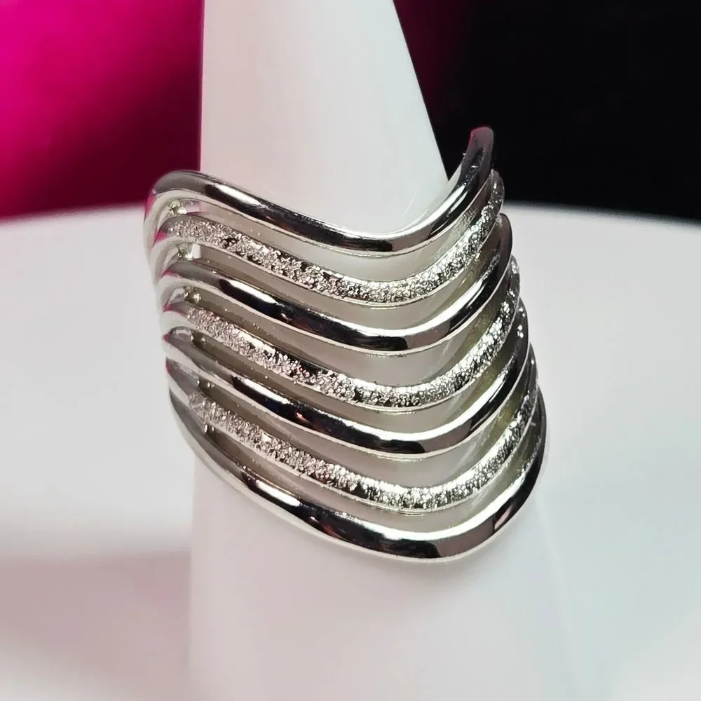 Sterling Silver Cascade Curl Wave Statement Ring – Wide Sculptural Layered Luxe